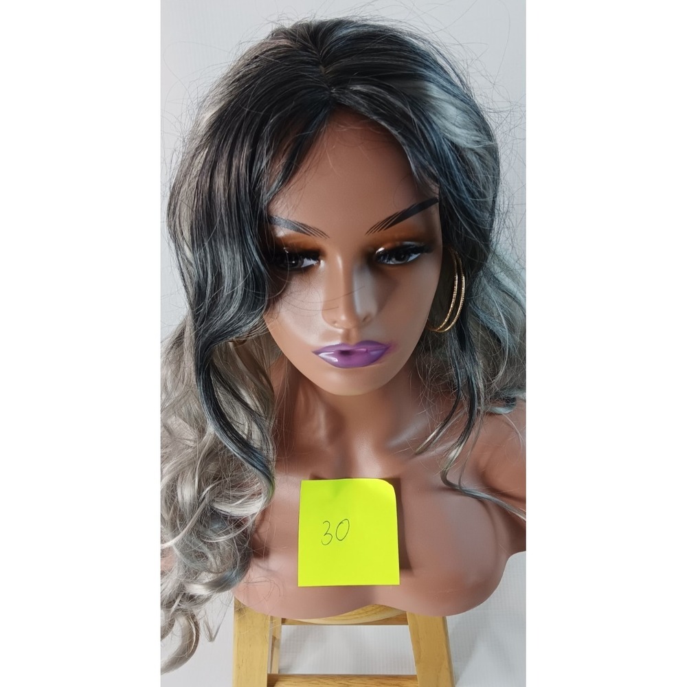 Curly Wavy Long synthetic Black Gray Silver Highlights middle Part hair wig 27" - Picture 11 of 11